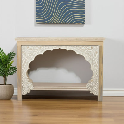 56" Natural Solid Wood Distressed Console Table With Shelf HomeRoots
