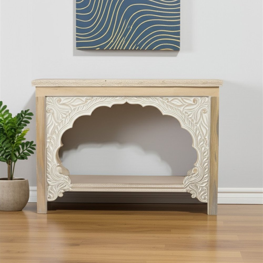 56" Natural Solid Wood Distressed Console Table With Shelf HomeRoots