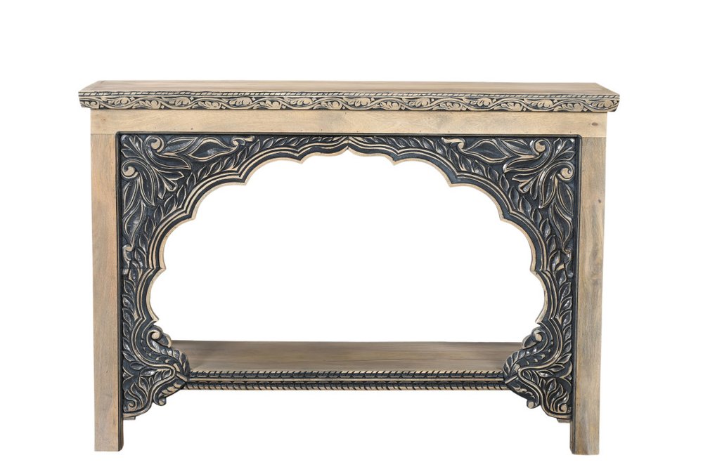 56" Natural and Black Solid Wood Distressed Console Table With Shelf HomeRoots