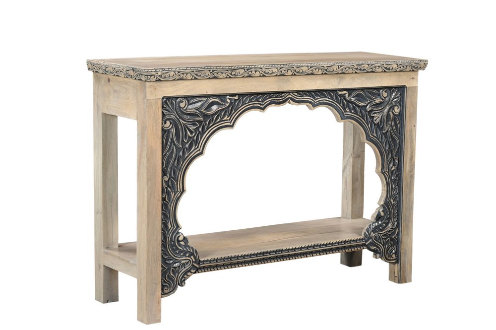 56" Natural and Black Solid Wood Distressed Console Table With Shelf HomeRoots