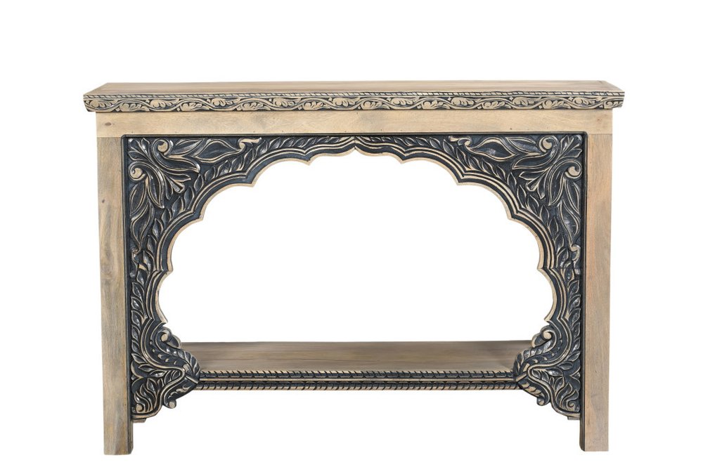 56" Natural and Black Solid Wood Distressed Console Table With Shelf HomeRoots