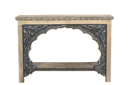 56" Natural and Black Solid Wood Distressed Console Table With Shelf HomeRoots