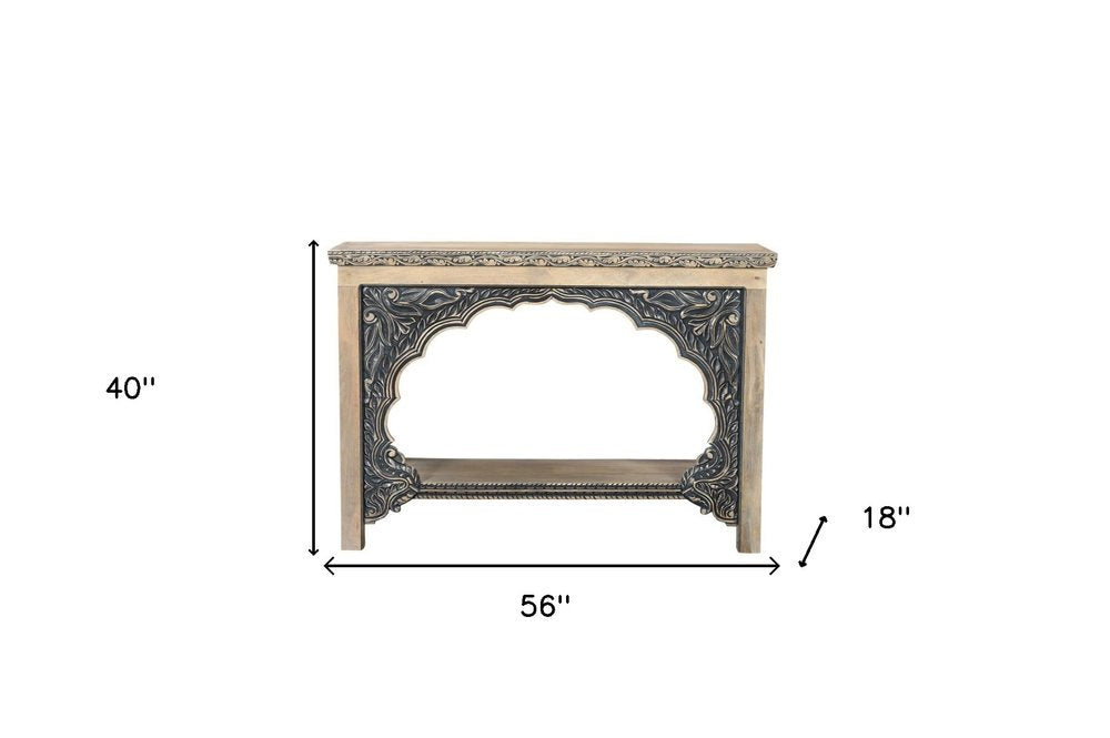 56" Natural and Black Solid Wood Distressed Console Table With Shelf HomeRoots