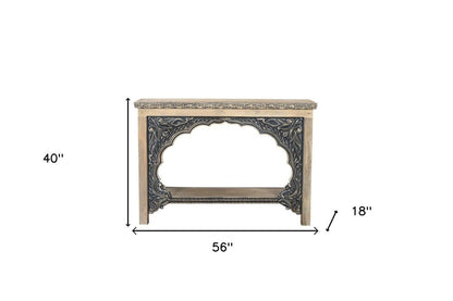 56" Natural and Black Solid Wood Distressed Console Table With Shelf HomeRoots