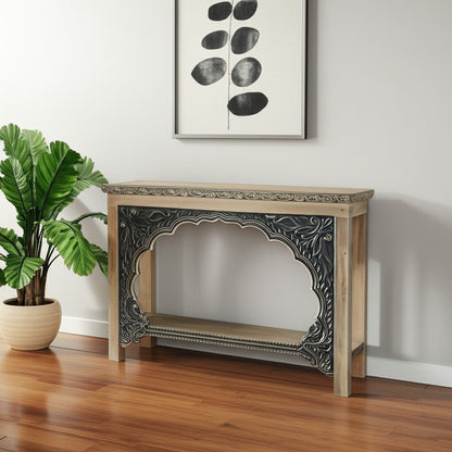 56" Natural and Black Solid Wood Distressed Console Table With Shelf HomeRoots
