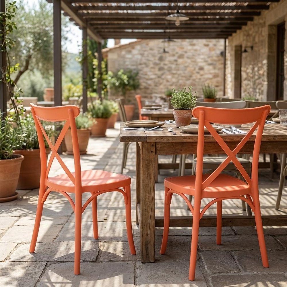 Set of Two Salmon Heavy Duty Plastic Outdoor Stacking Dining Chairs — view 8
