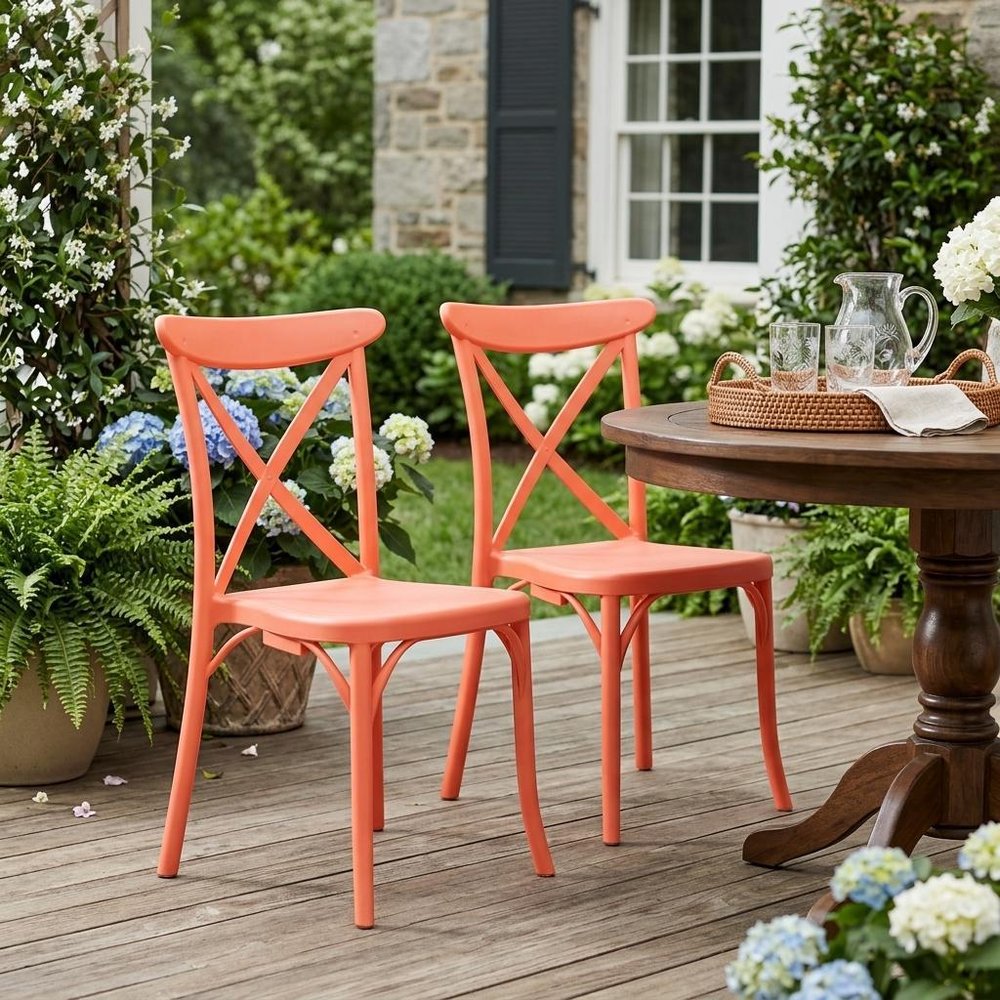 Set of Two Salmon Heavy Duty Plastic Outdoor Stacking Dining Chairs HomeRoots