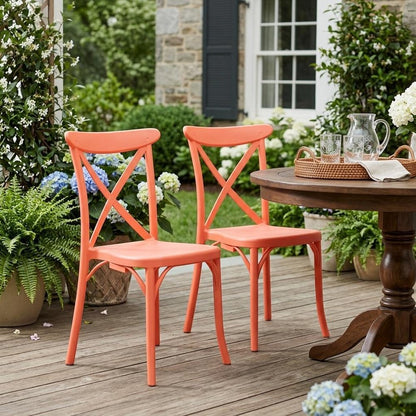 Set of Two Salmon Heavy Duty Plastic Outdoor Stacking Dining Chairs HomeRoots