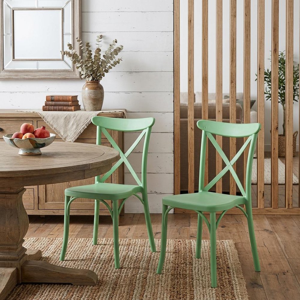 Set of Two Green Heavy Duty Plastic Outdoor Stacking Dining Chairs HomeRoots