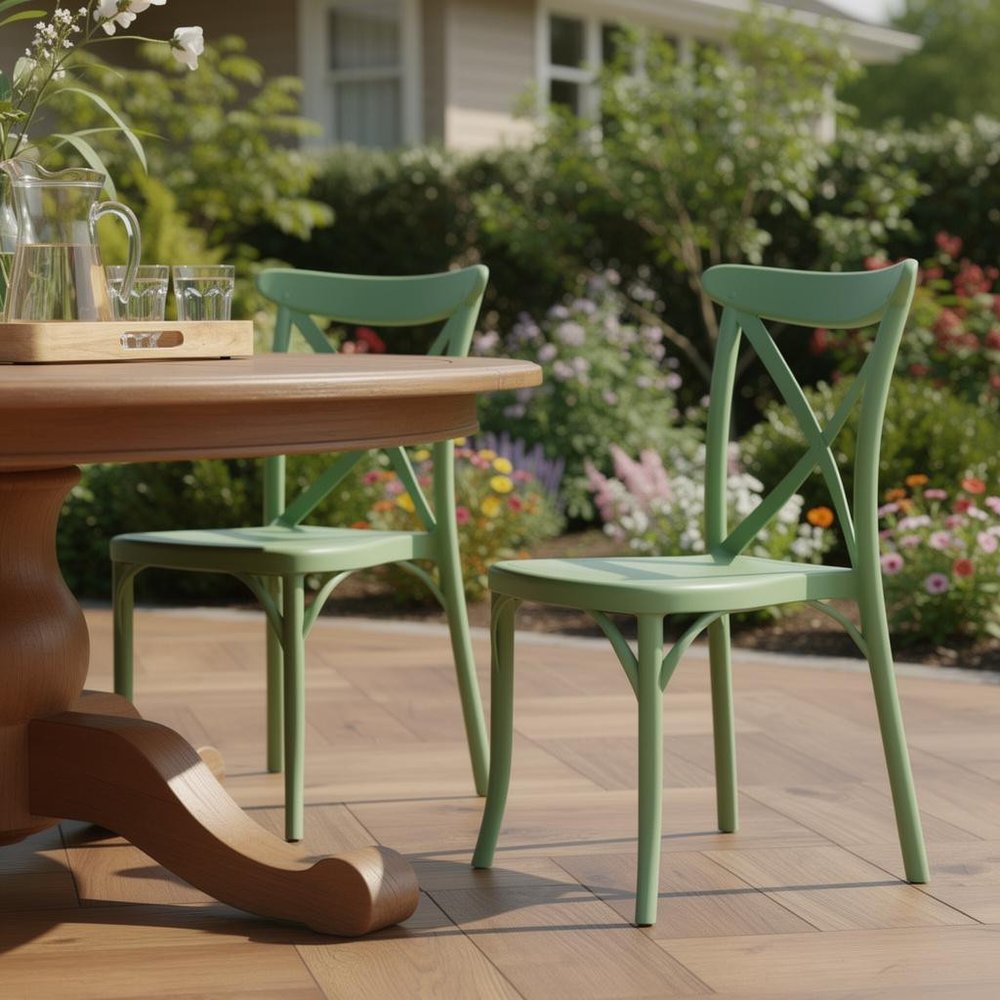Set of Two Green Heavy Duty Plastic Outdoor Stacking Dining Chairs HomeRoots