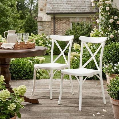 Set of Two White Heavy Duty Plastic Outdoor Stacking Dining Chairs HomeRoots