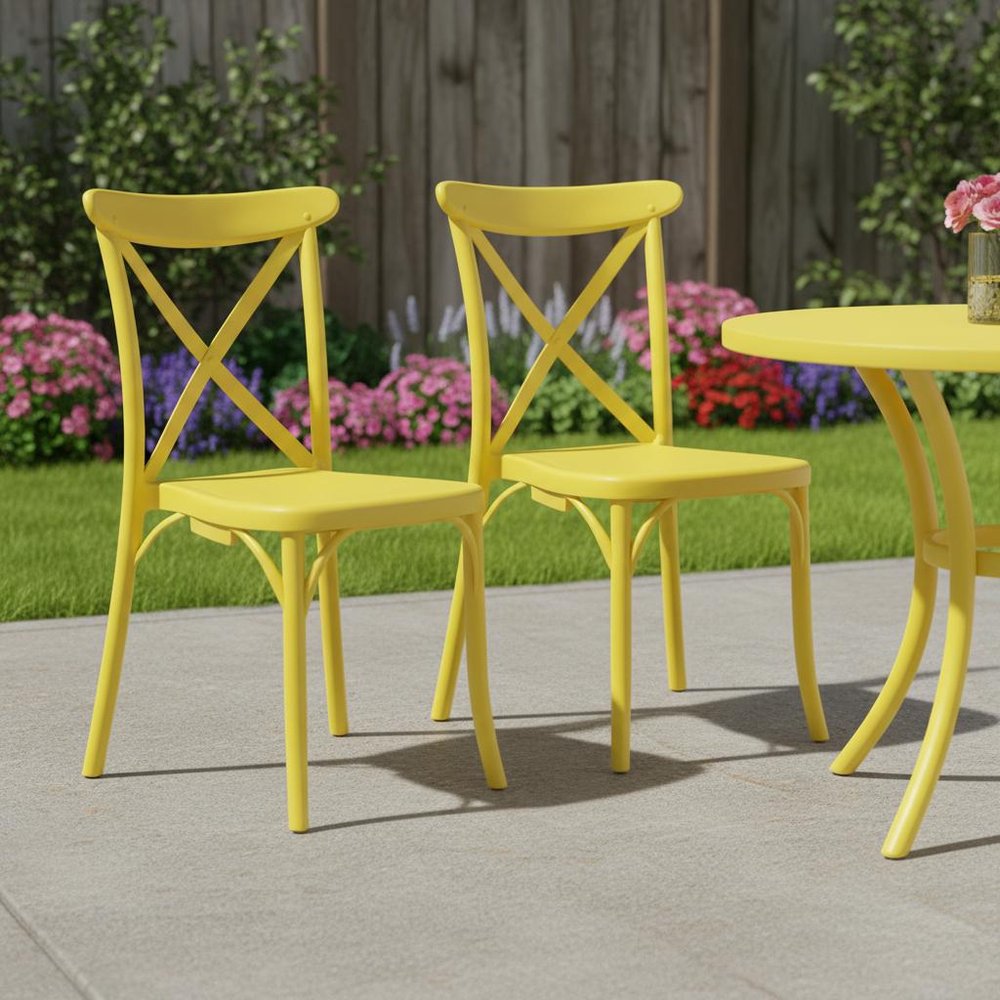 Set of Two Yellow Heavy Duty Plastic Outdoor Dining Chairs HomeRoots