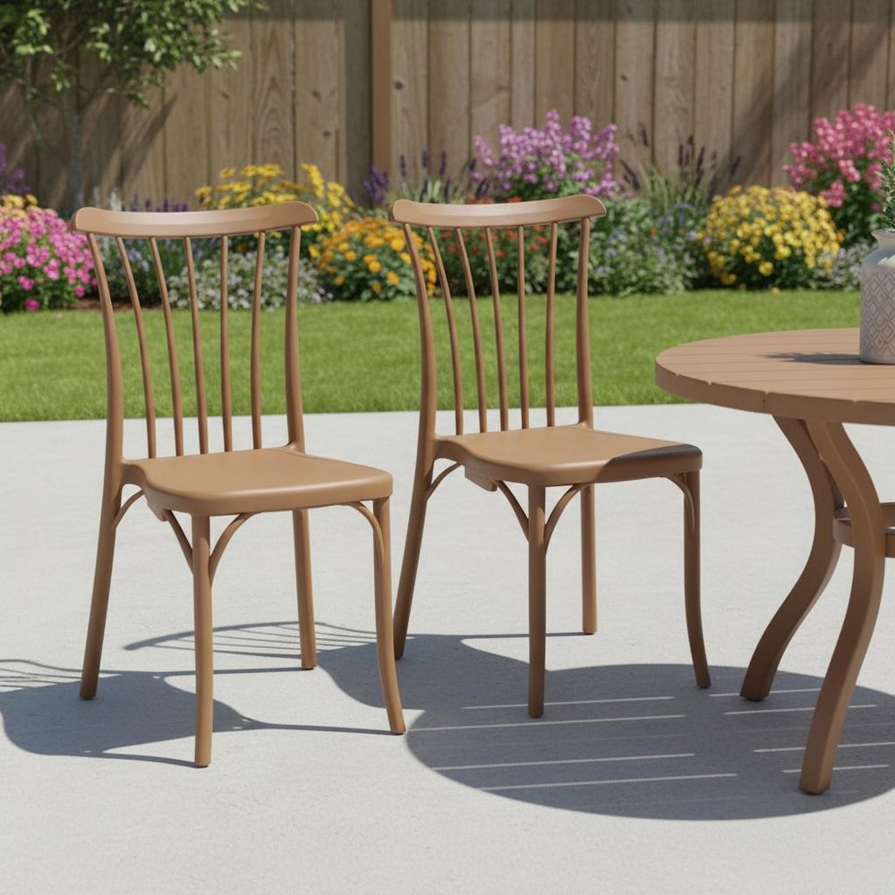 Set of Two Tan and Natural Heavy Duty Plastic Slat Back Dining Side Chairs HomeRoots