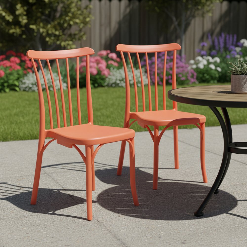 Set of Two Salmon Heavy Duty Plastic Outdoor Stacking Dining Chairs HomeRoots