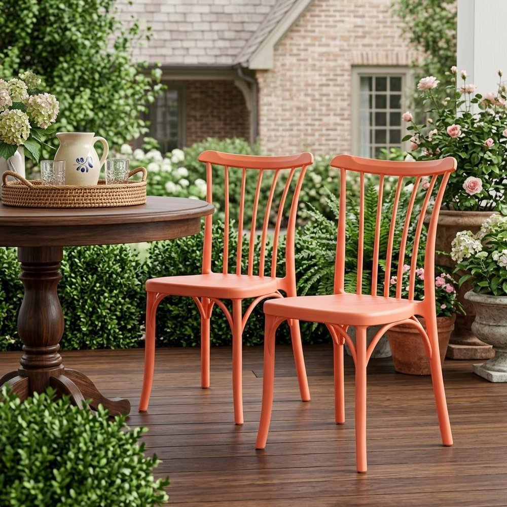 Set of Two Salmon Heavy Duty Plastic Outdoor Stacking Dining Chairs HomeRoots