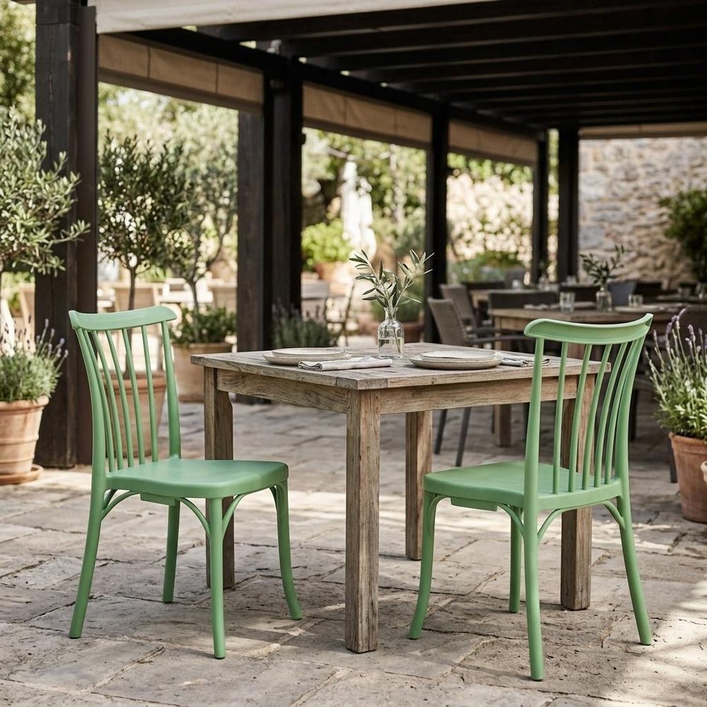 Set of Two Green Heavy Duty Plastic Outdoor Stacking Dining Chairs — view 9