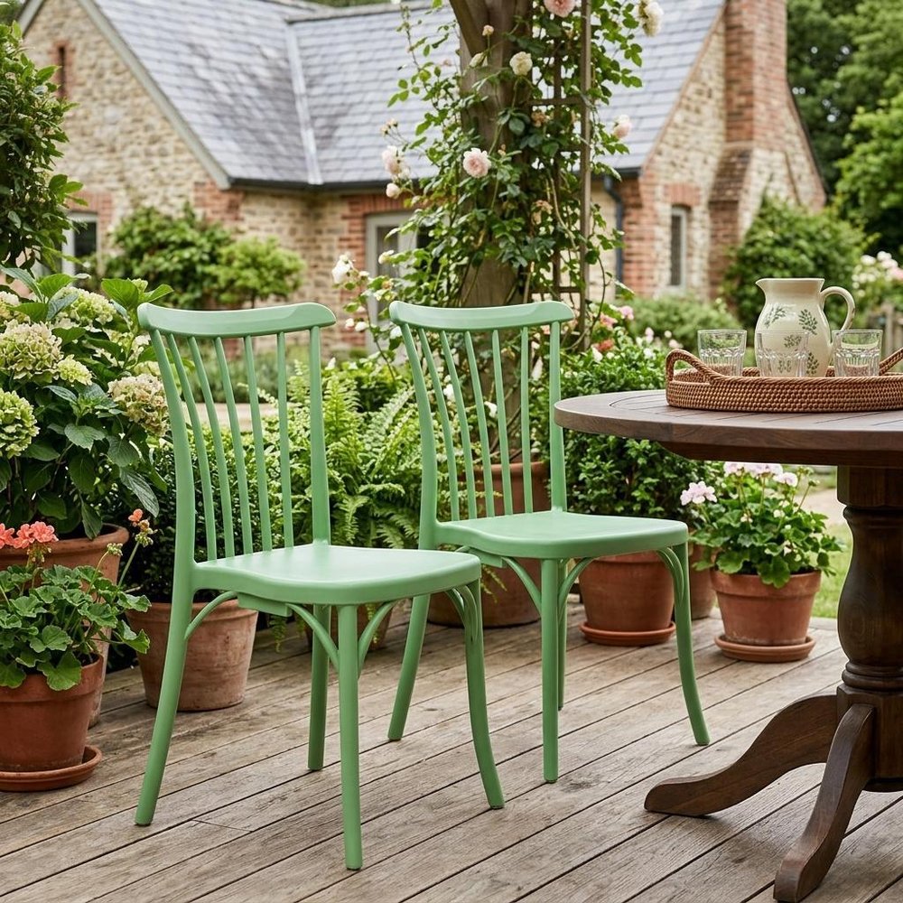 Set of Two Green Heavy Duty Plastic Outdoor Stacking Dining Chairs HomeRoots