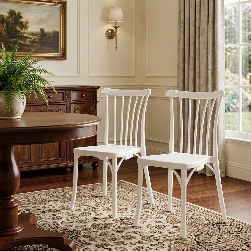 Set of Two White Heavy Duty Plastic Outdoor Stacking Dining Chairs HomeRoots