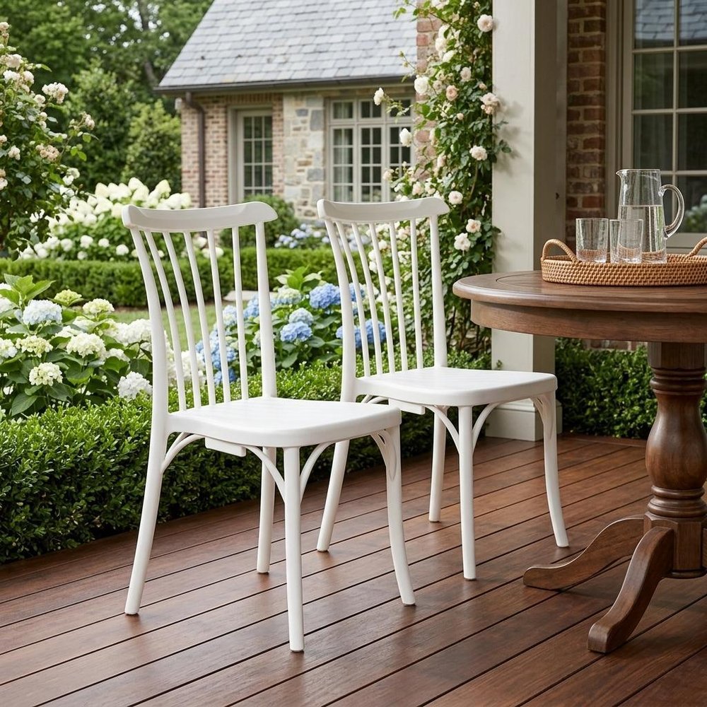 Set of Two White Heavy Duty Plastic Outdoor Stacking Dining Chairs HomeRoots