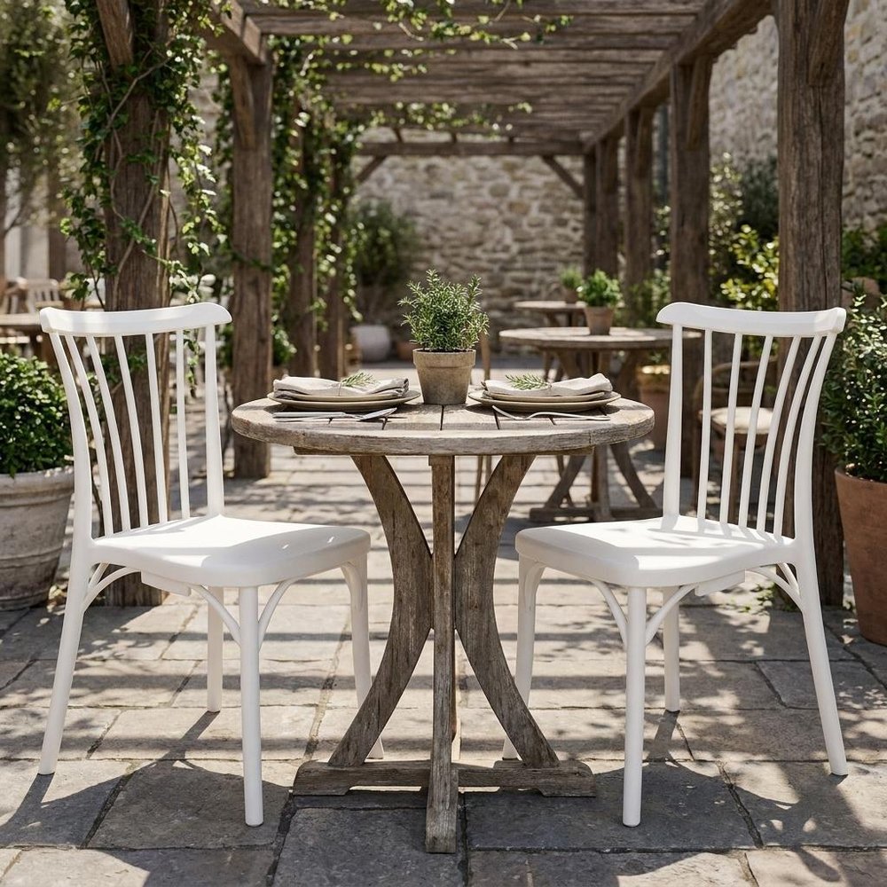 Set of Two White Heavy Duty Plastic Outdoor Stacking Dining Chairs — view 9