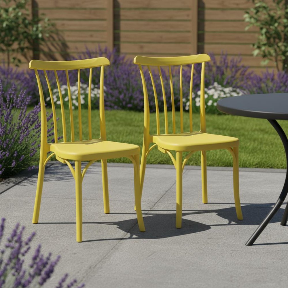 Set of Two Yellow Heavy Duty Plastic Outdoor Stacking Dining Chairs HomeRoots