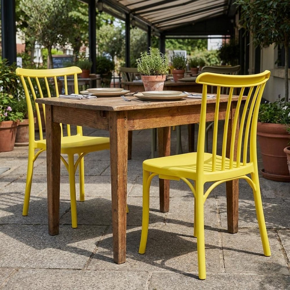 Set of Two Yellow Heavy Duty Plastic Outdoor Stacking Dining Chairs — view 8