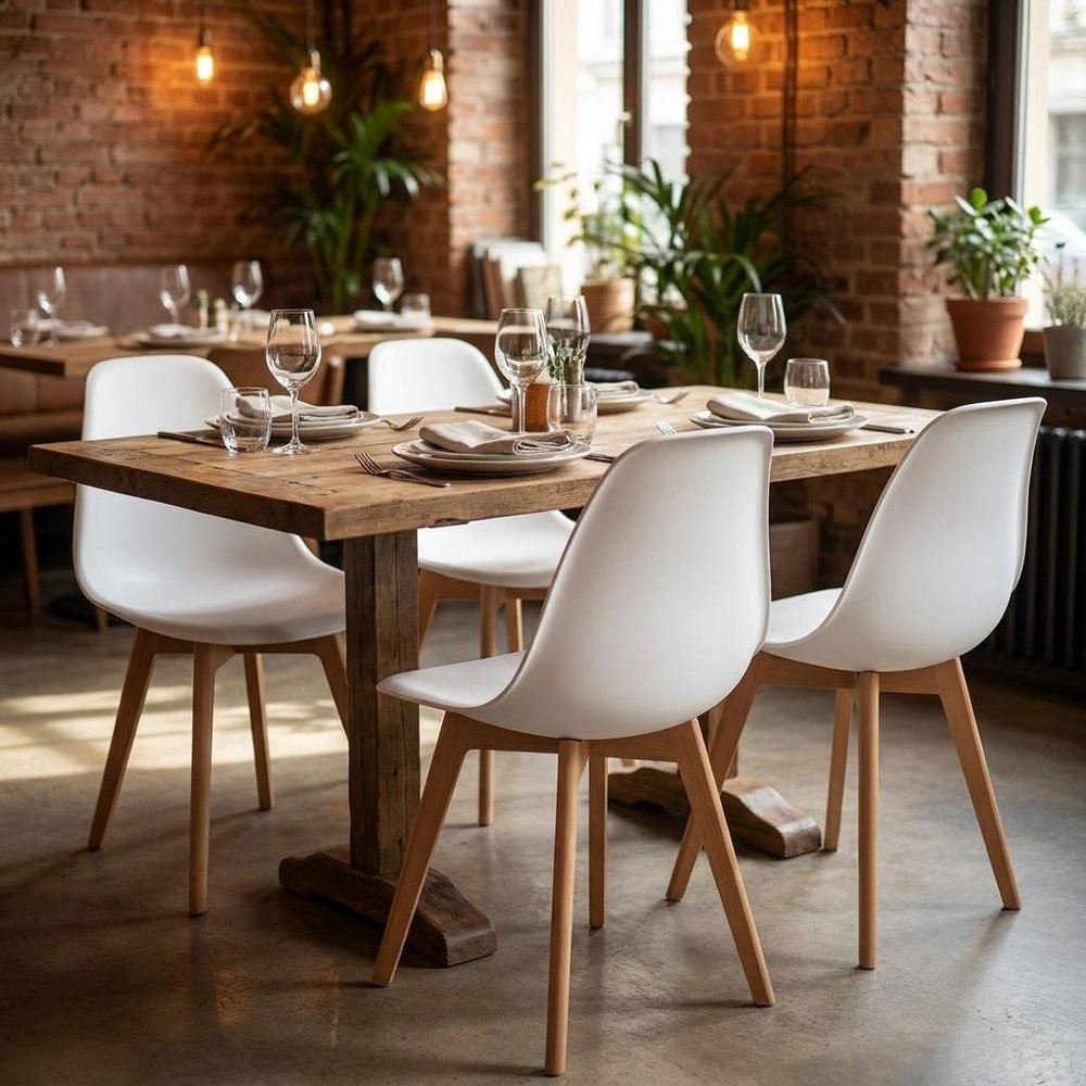 Set of Four White and Natural Heavy Duty Plastic Dining Side Chairs — view 1