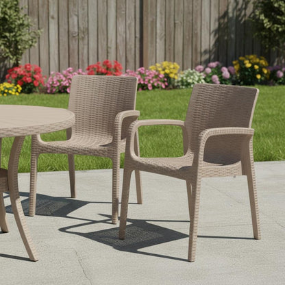 Set of Two Taupe Faux Rattan Heavy Duty Plastic Outdoor Stacking Arm Chairs HomeRoots