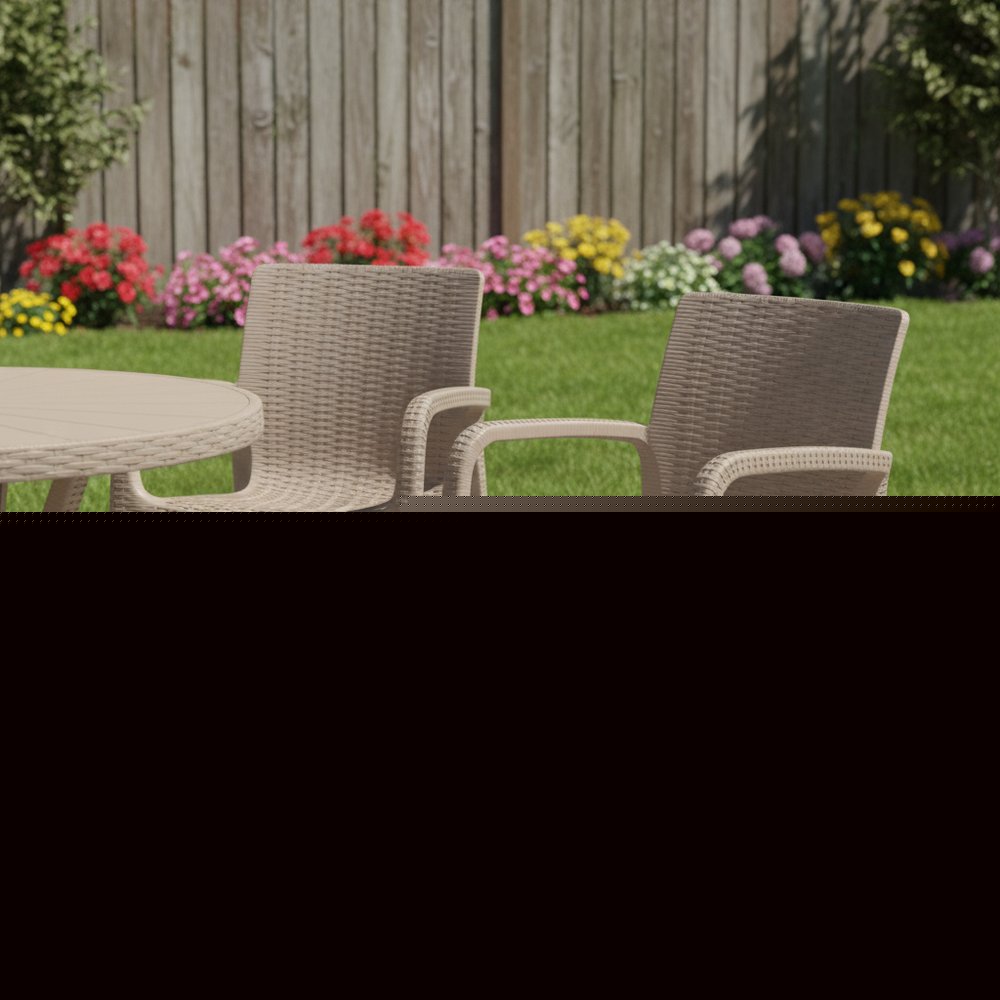 Set of Two Taupe Faux Rattan Heavy Duty Plastic Outdoor Stacking Arm Chairs HomeRoots