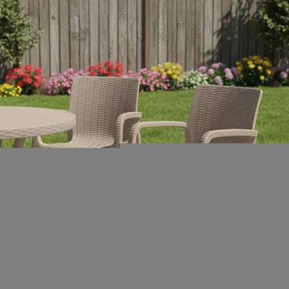 Set of Two Taupe Faux Rattan Heavy Duty Plastic Outdoor Stacking Arm Chairs HomeRoots