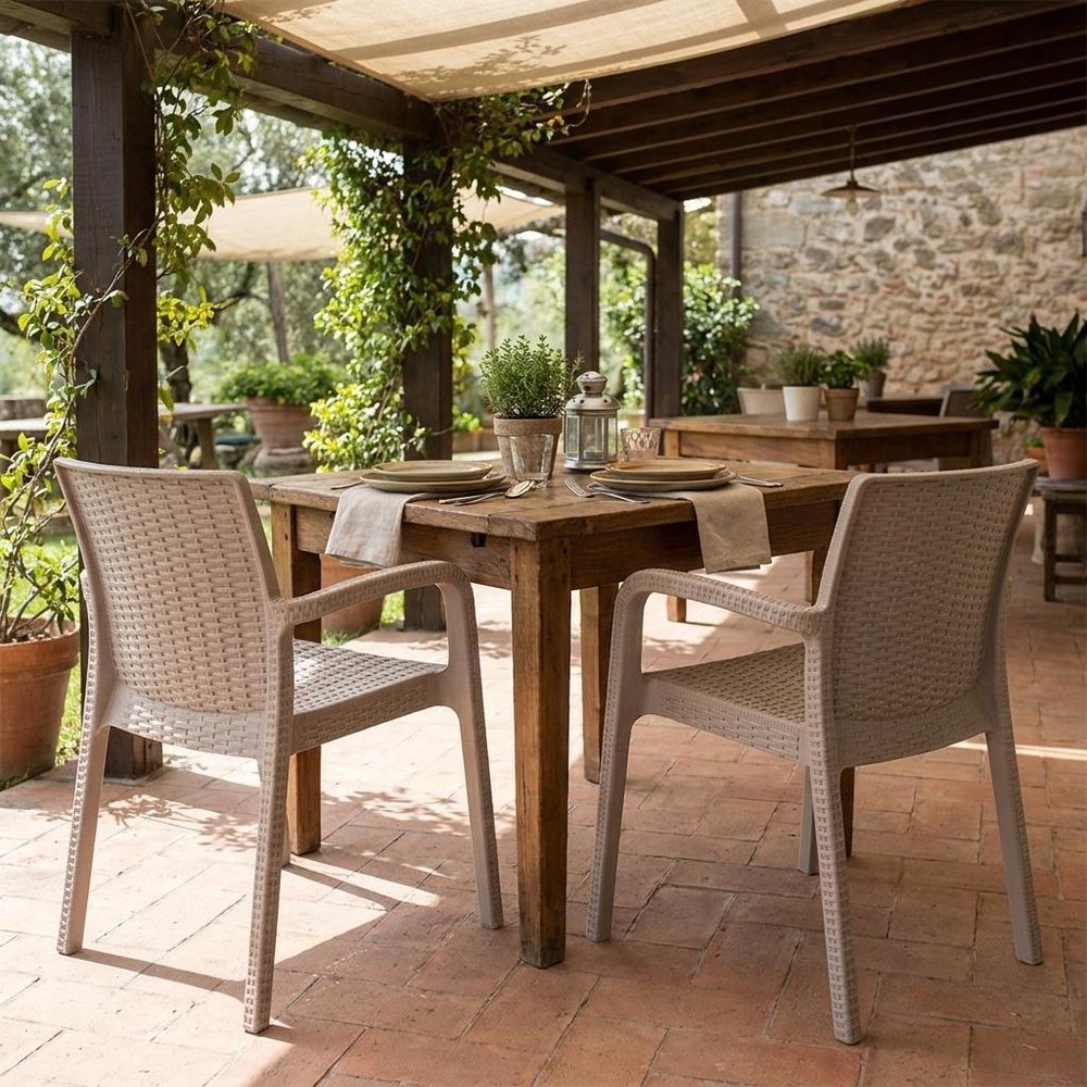 Set of Two Taupe Faux Rattan Heavy Duty Plastic Outdoor Stacking Arm Chairs HomeRoots