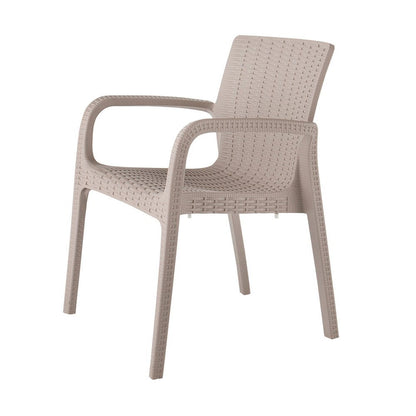 Set of Two Taupe Faux Rattan Heavy Duty Plastic Outdoor Stacking Arm Chairs HomeRoots