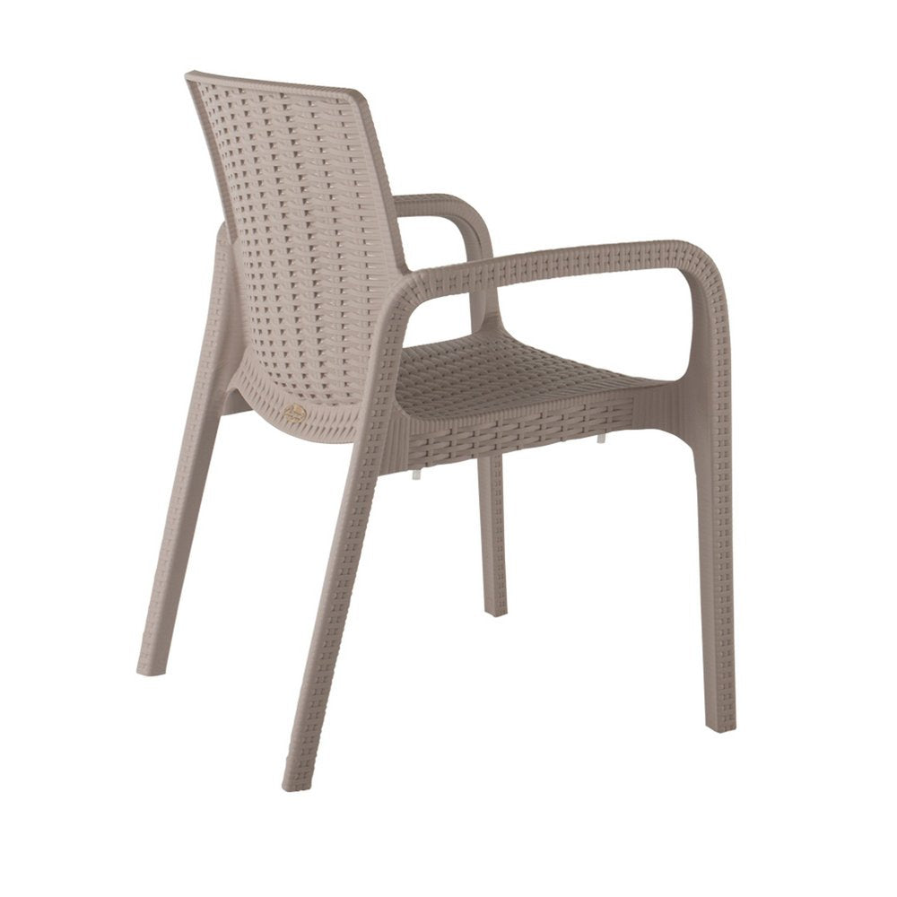 Set of Two Taupe Faux Rattan Heavy Duty Plastic Outdoor Stacking Arm Chairs HomeRoots