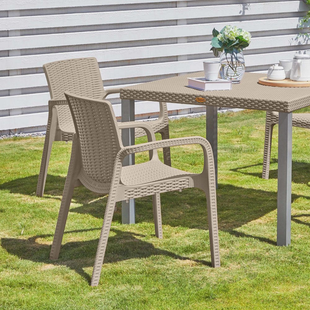 Set of Two Taupe Faux Rattan Heavy Duty Plastic Outdoor Stacking Arm Chairs — view 4