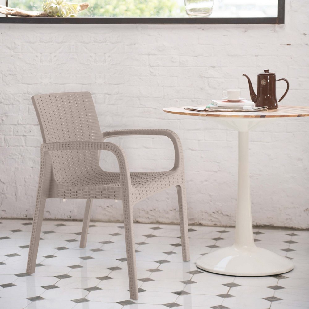 Set of Two Taupe Faux Rattan Heavy Duty Plastic Outdoor Stacking Arm Chairs HomeRoots
