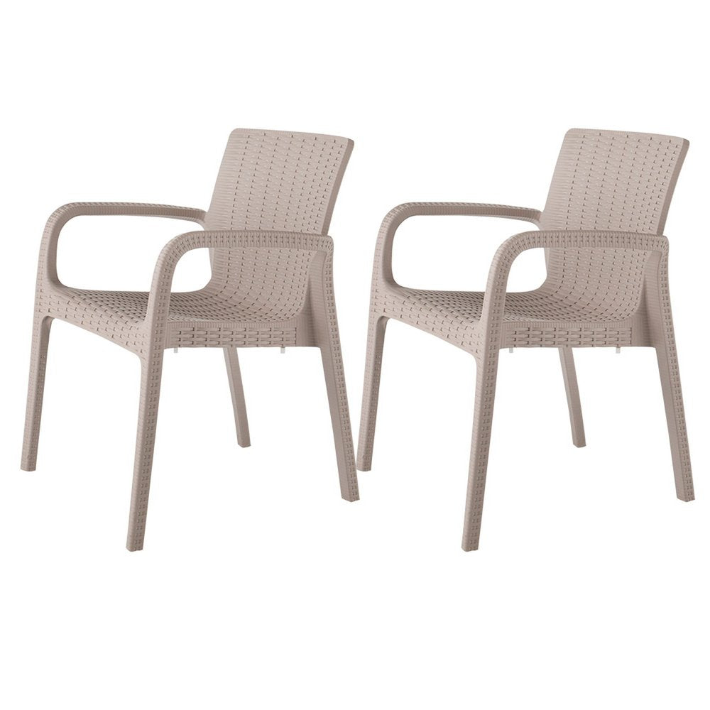 Set of Two Taupe Faux Rattan Heavy Duty Plastic Outdoor Stacking Arm Chairs HomeRoots