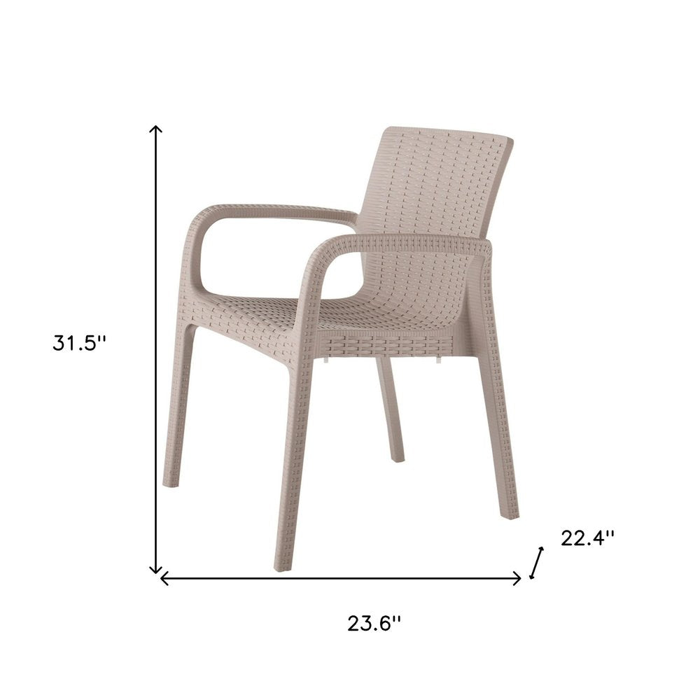Set of Two Taupe Faux Rattan Heavy Duty Plastic Outdoor Stacking Arm Chairs HomeRoots
