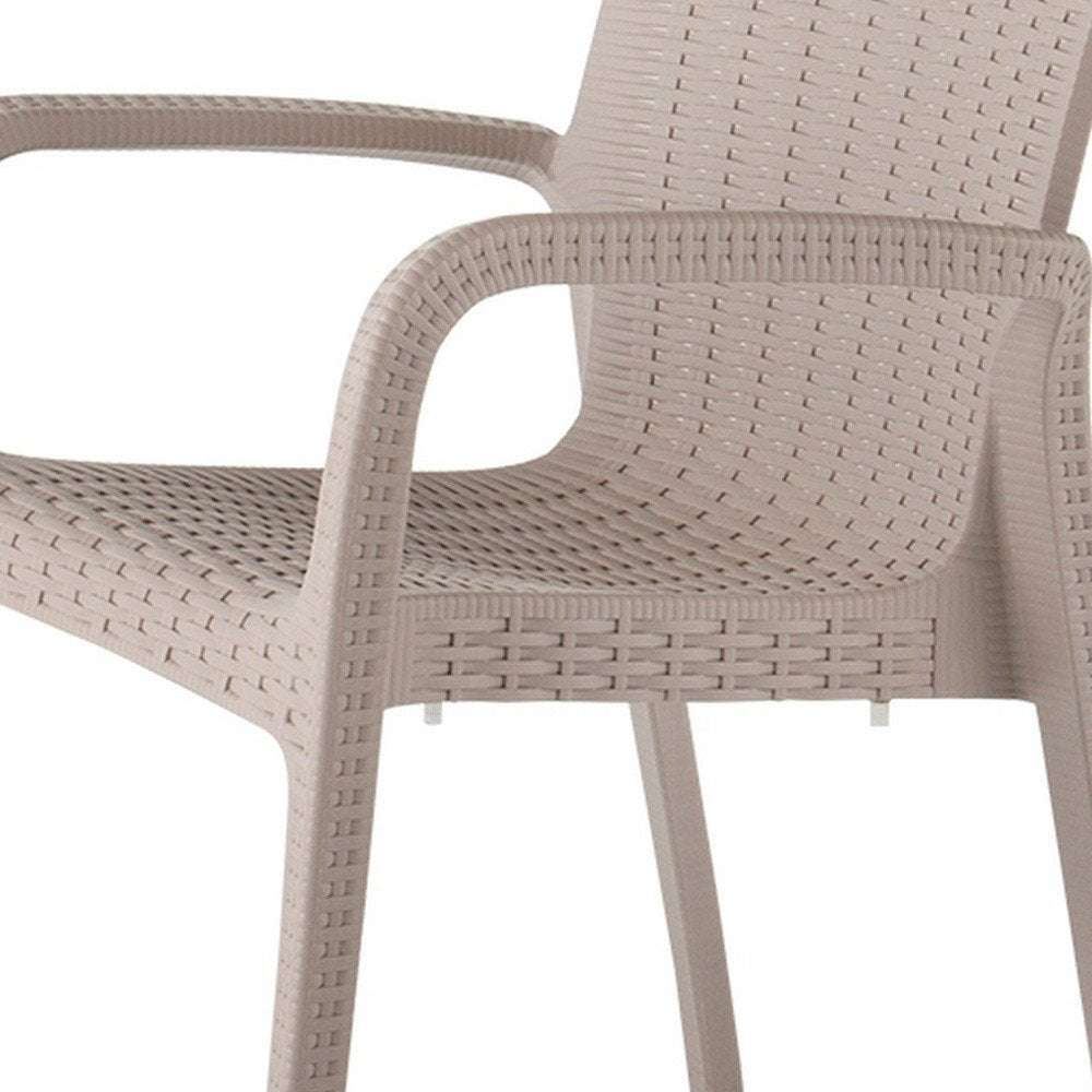 Set of Two Taupe Faux Rattan Heavy Duty Plastic Outdoor Stacking Arm Chairs HomeRoots