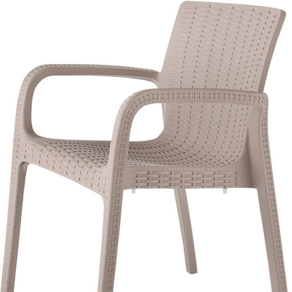 Set of Two Taupe Faux Rattan Heavy Duty Plastic Outdoor Stacking Arm Chairs HomeRoots