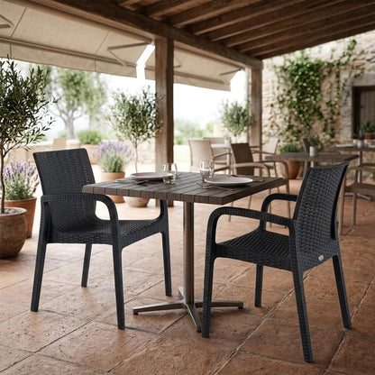 Set of Two Black Faux Rattan Heavy Duty Plastic Outdoor Stacking Arm Chairs HomeRoots