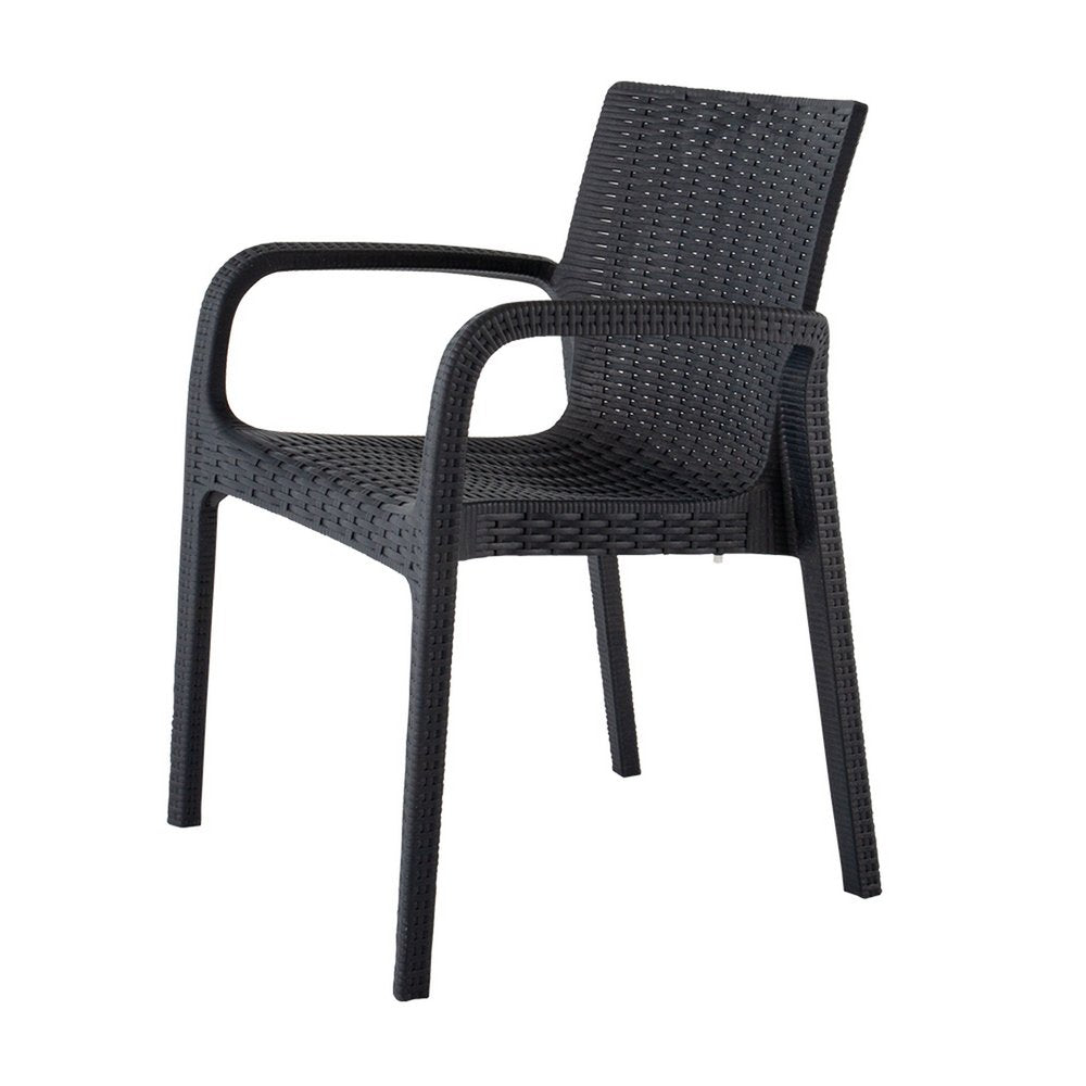 Set of Two Black Faux Rattan Heavy Duty Plastic Outdoor Stacking Arm Chairs HomeRoots