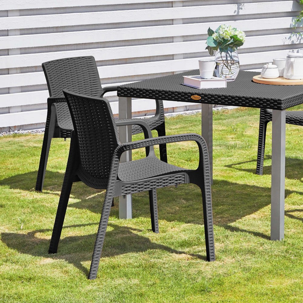Set of Two Black Faux Rattan Heavy Duty Plastic Outdoor Stacking Arm Chairs HomeRoots