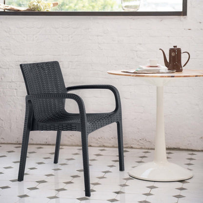 Set of Two Black Faux Rattan Heavy Duty Plastic Outdoor Stacking Arm Chairs HomeRoots
