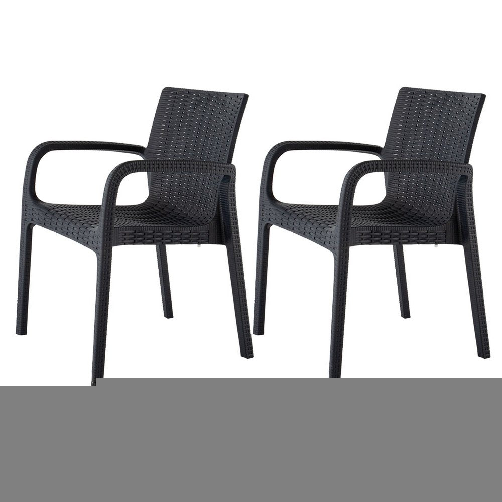 Set of Two Black Faux Rattan Heavy Duty Plastic Outdoor Stacking Arm Chairs HomeRoots