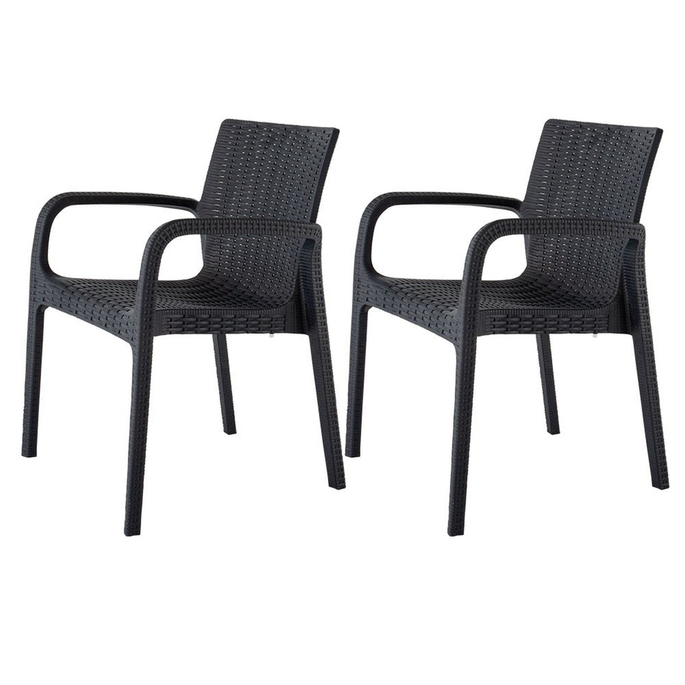 Set of Two Black Faux Rattan Heavy Duty Plastic Outdoor Stacking Arm Chairs HomeRoots