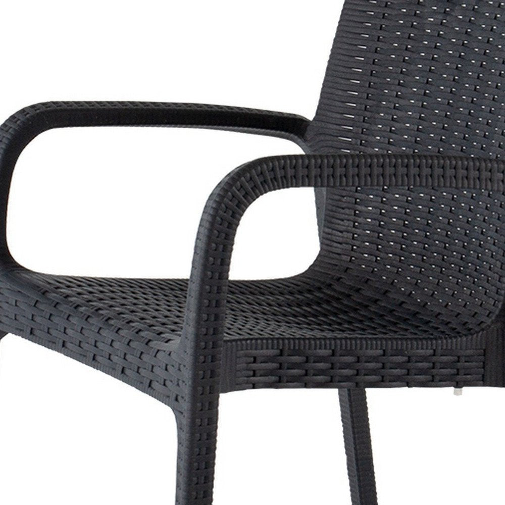 Set of Two Black Faux Rattan Heavy Duty Plastic Outdoor Stacking Arm Chairs HomeRoots