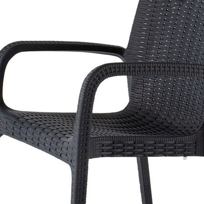 Set of Two Black Faux Rattan Heavy Duty Plastic Outdoor Stacking Arm Chairs HomeRoots
