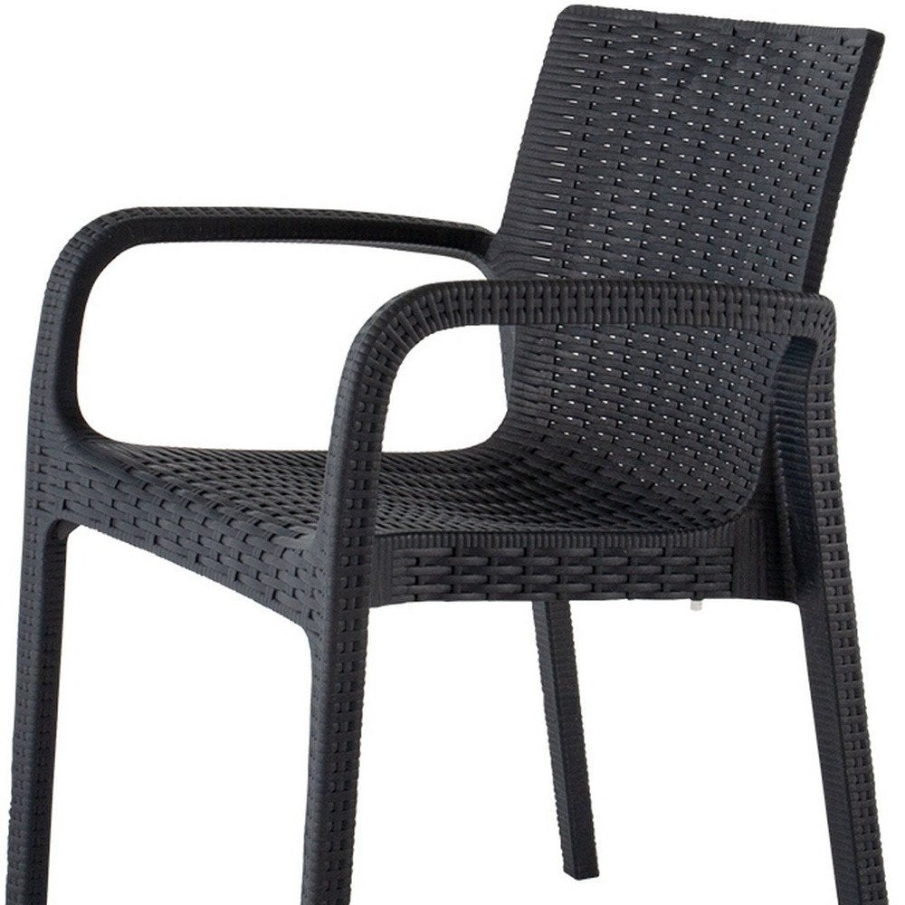 Set of Two Black Faux Rattan Heavy Duty Plastic Outdoor Stacking Arm Chairs HomeRoots