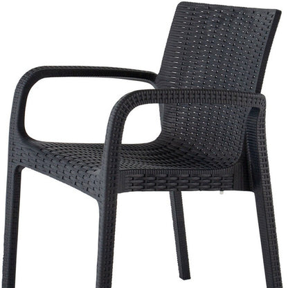Set of Two Black Faux Rattan Heavy Duty Plastic Outdoor Stacking Arm Chairs HomeRoots