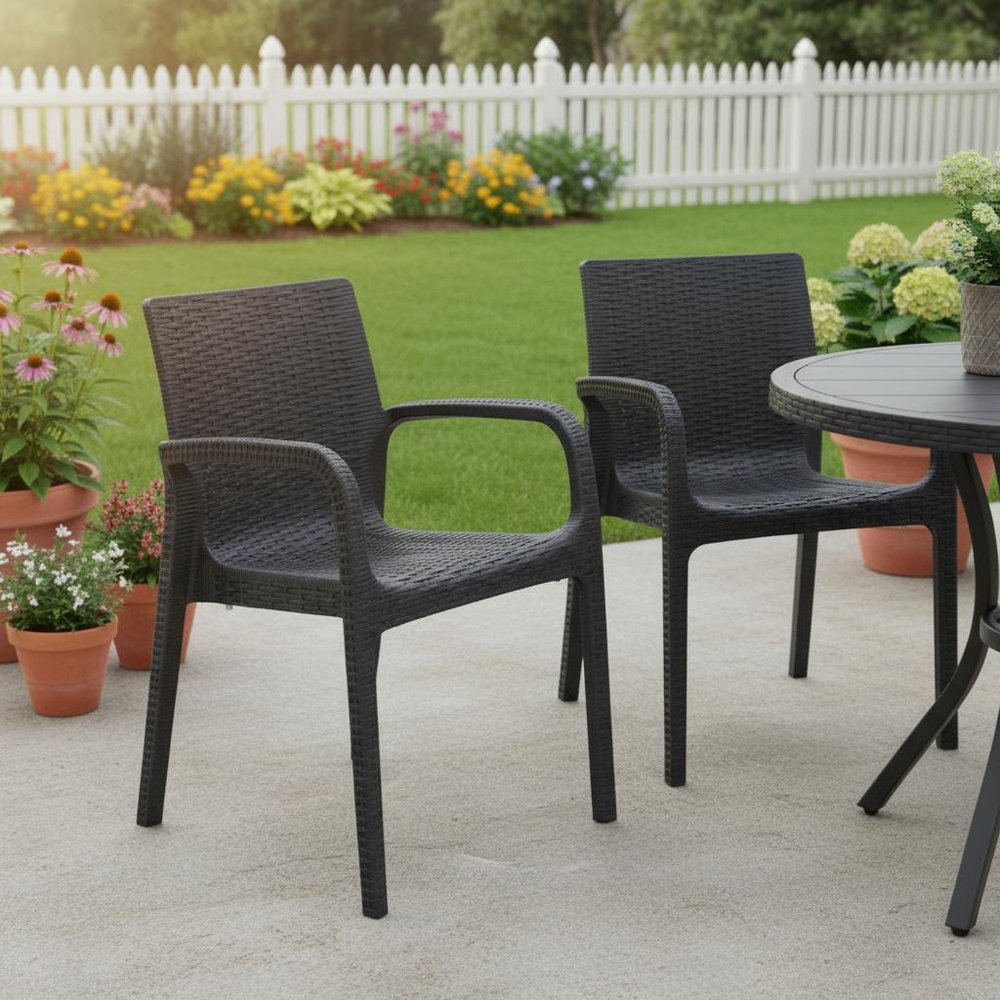 Set of Two Black Faux Rattan Heavy Duty Plastic Outdoor Stacking Arm Chairs HomeRoots